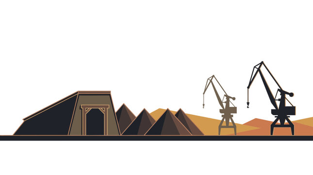 Industrial Mining Site Vector Illustration with Cargo Cranes and Infrastructure Website Banner Hero Header Copy Space