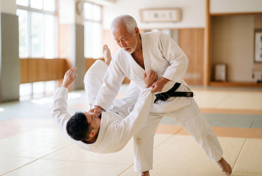 Senior martial arts master performing a throw in a dojo
