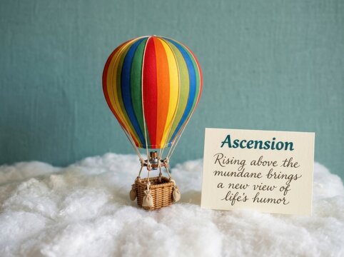Miniature Rainbow Hot Air Balloon Floating on White Cotton Clouds with Inspirational Quote Card Ascension Message for Motivation and New Perspective