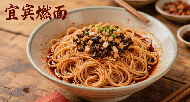 Classic Yibin Ran Mian Spicy Noodles Topped with Crushed Peanuts, Black Preserved Vegetables and Scallions, Traditional Sichuan Regional Staple Food on Vintage Wooden Table