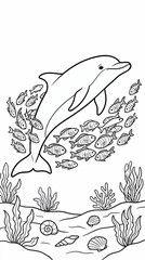 Naklejka premium Black and White Line Art Illustration of a Dolphin Leaping Above a School of Small Striped Fish, Underwater Scene with Seaweed and Shells, Coloring Page