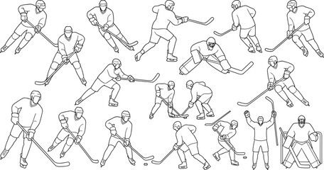 Fototapeta premium Hand Drawn Ice Hockey Players and Goalie Action Line Art Collection