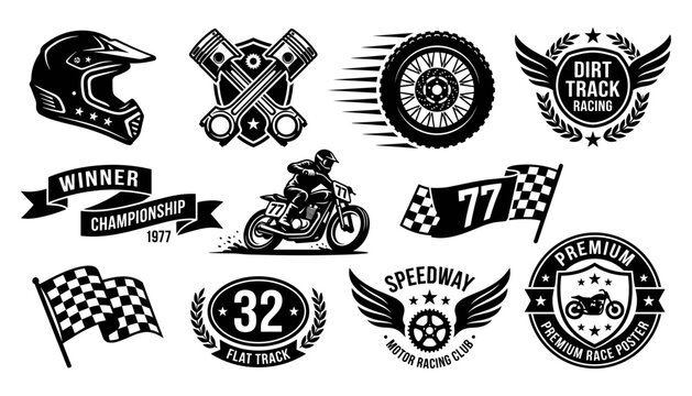 Racing Badges Set with Black Vector Emblems, Flags, Wheels, and Speedway Icons for Motorsport Branding