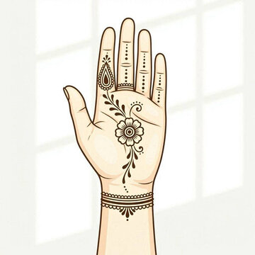 Simple henna hand design. Mehndi art on palm. Floral tattoo.