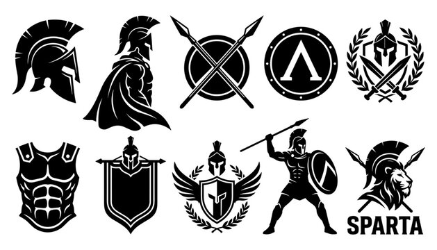 Spartan Warrior Symbols and Logos Featuring Helmets, Shields, and Warriors in Various Poses Featuring Helmet, Shield, Spear