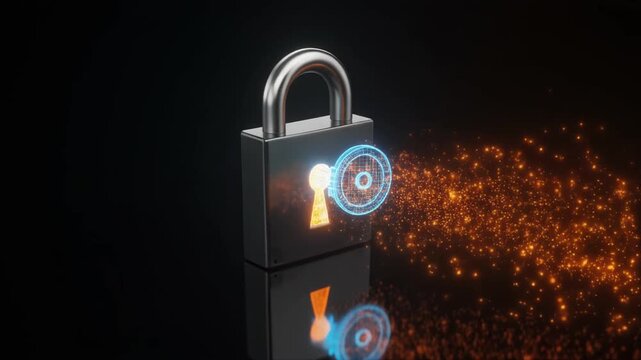黒い金属の南京錠へ青く光る鍵が差し込まれ橙色の光と粒子が鍵穴から勢いよく放射する瞬間