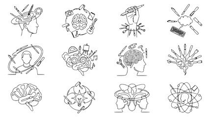 Creative Mind: Brainstorming, Ideas, Art Tools, Inspiration, Innovation, Continuous Line Art © Petrik