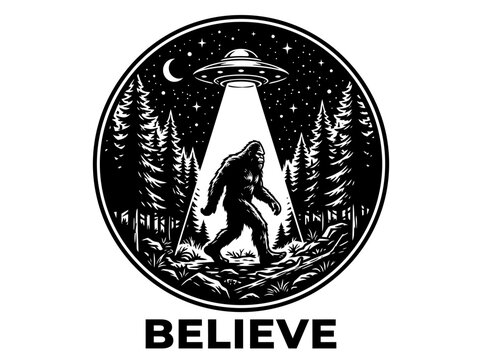 Bigfoot creature in a UFO beam amidst a dark forest at night with the word BELIEVE