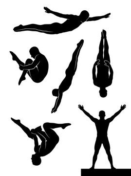 Collection of black silhouettes of diverse divers in various dynamic poses against a clean white background