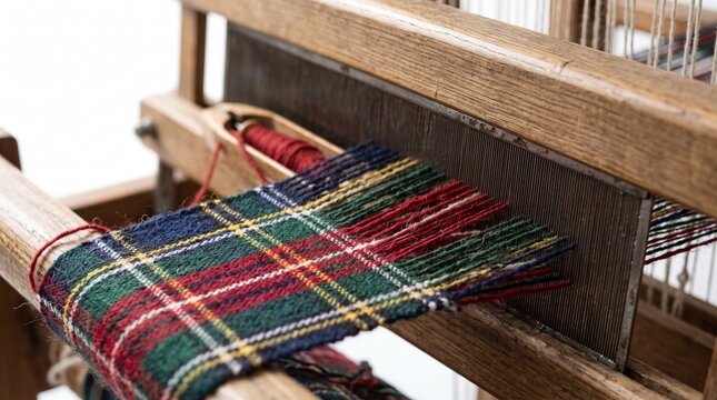 Tartan fabric on wooden loom, plaid textile, weaving machine, colorful pattern