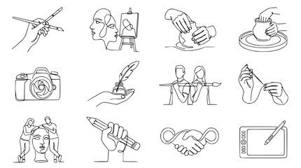 Obraz premium Artistic Creation Line Art Icons Set: Painting, Pottery, Photography, Writing, Design, Collaboration
