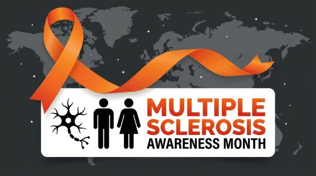Vibrant orange ribbon and neuron symbol for Multiple Sclerosis Awareness Month against dark world map background, promoting global health education and support for patients living with MS disease