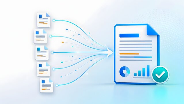 Business data analytics and automated report generation concept with multiple document icons compiling into a final verified chart report