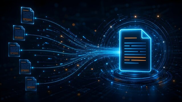 Futuristic digital data transfer and big data integration concept with glowing neon document icons merging on dark high tech background