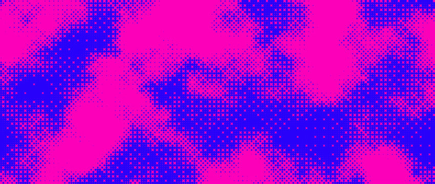 Pink and blue bitmap pixel texture. Dotted dither gradient pattern background. 8 bit halftone faded pop art gradation wallpaper. Vanishing raster video arcade game backdrop.Eps10