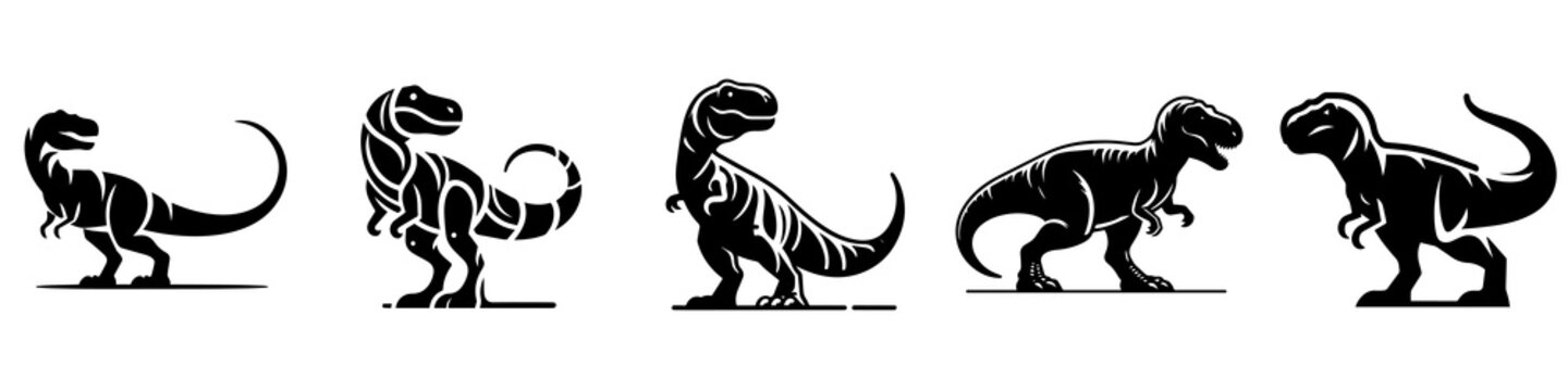 Tyrannosaurus Rex silhouette vector collection, black T-Rex dinosaur icons in different poses, prehistoric reptile illustration set