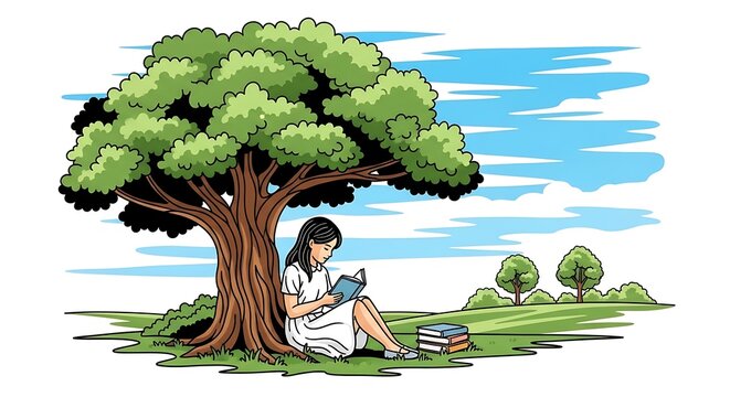 Hand drawn illustration of a girl reading a book under a large tree