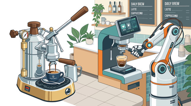Robot making coffee with machine.