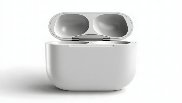 White wireless earbuds charging case with open lid.