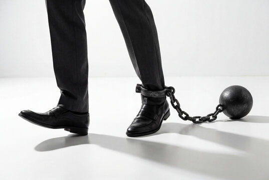 Business man walking with a heavy iron ball and chain attached to his ankle