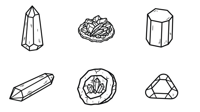 Collection of six hand-drawn illustrations of various crystals and gemstones in a simple black and white line art style.