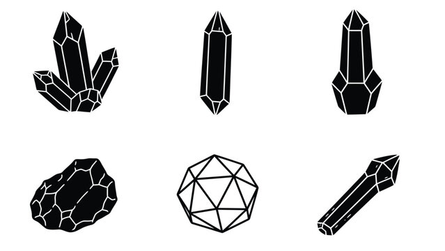 Collection of six black crystal and geometric shapes on a white background.