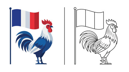 French Rooster with Tricolor Flag - Color and Outline © Pemancing