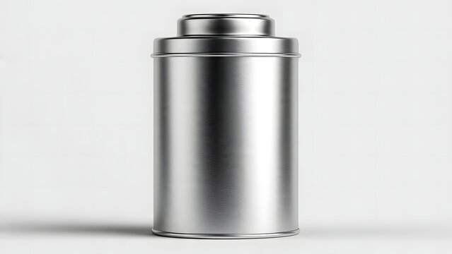 Empty metallic canister with a lid on a white background.
