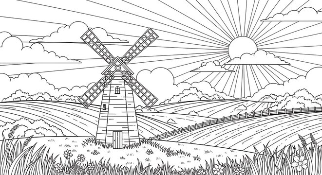 Traditional windmill in a sunny rural landscape line art drawing with windmill