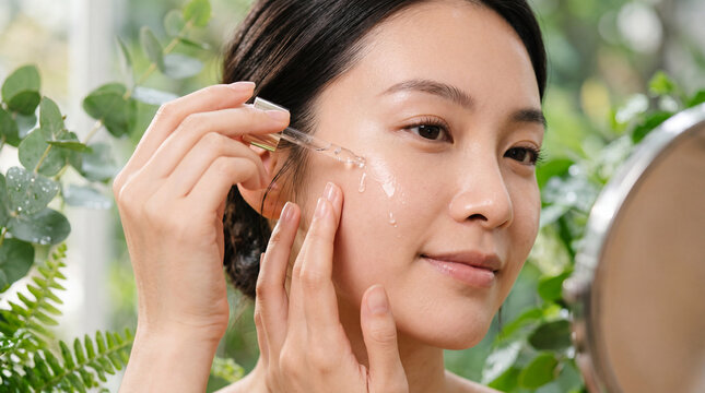 Beautiful young Asian woman applying face serum with pipette looking in the mirror, natural organic skincare.