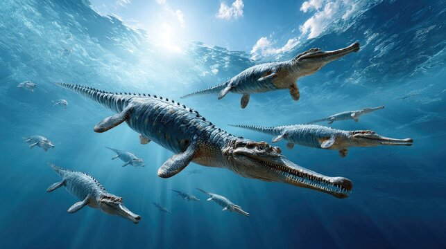 Prehistoric Ocean Hunters: A powerful group of ancient marine reptiles, likely ancient crocodiles or ichthyosaurs, navigate the sun-dappled ocean depths, showcasing a scene from the distant past.