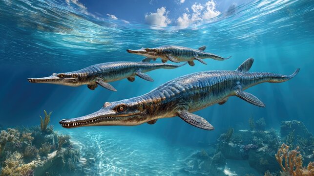 Ancient Marine Predators: A trio of prehistoric marine reptiles, characterized by their long snouts and formidable jaws, swim through clear ocean waters teeming with coral reefs.