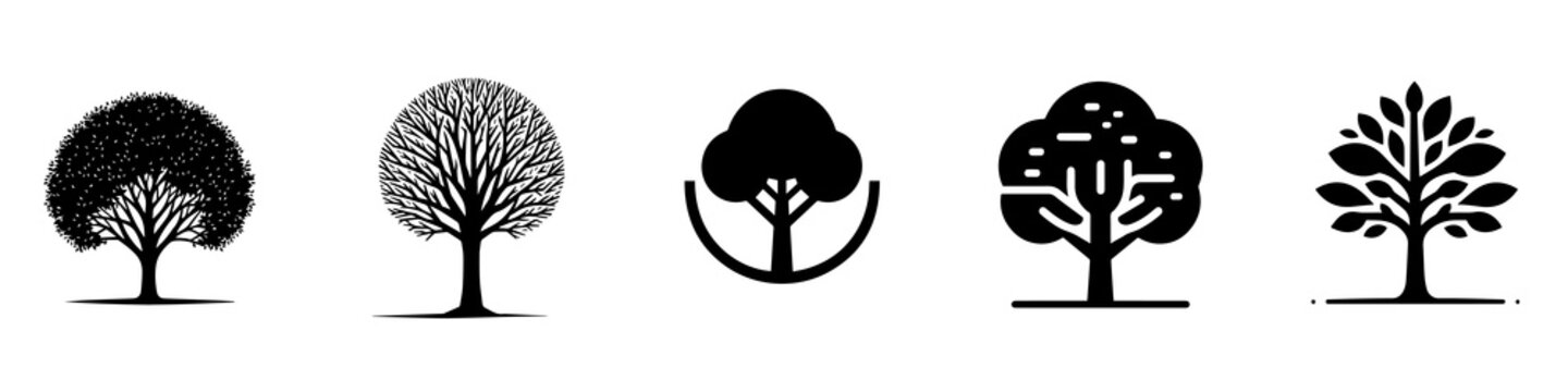 Tree silhouette vector collection, modern tree logo icons with abstract and leafy designs, black nature illustration set