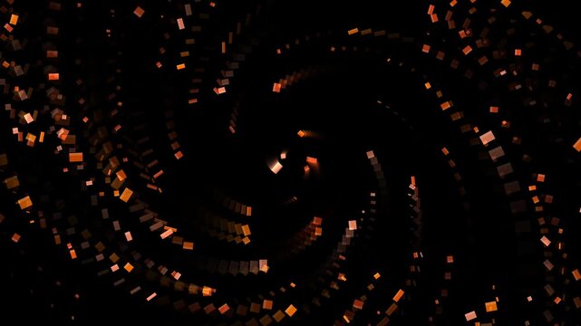 Dynamic abstract swirl of shimmering orange particles creating a mesmerizing light vortex on a dark background, evoking digital energy and futuristic motion