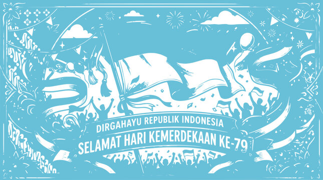 Indonesia Independence Day Celebration 79: Flag Waving, Fireworks, Crowd, Blue and White Design