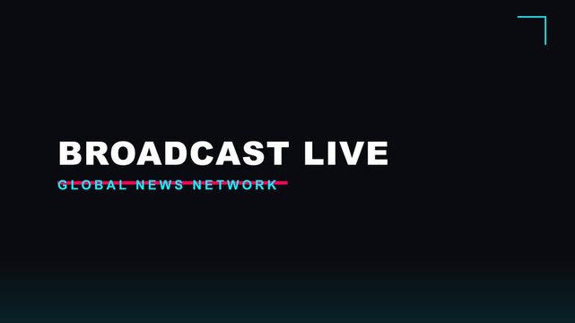 Broadcast Live graphic, white and teal text on black background, global news network logo, representing live news broadcasting and real-time updates