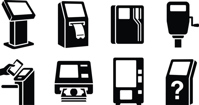 Automated self service kiosk and banking terminal icon set for payment ticketing vending and information access,