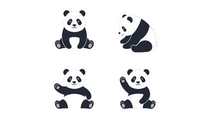 Naklejka premium Set of four cute cartoon pandas in different poses, isolated on a white background.
