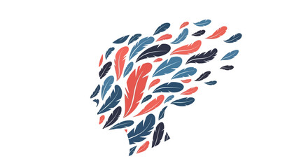 Obraz premium Colorful feathers forming a human head shape on white background