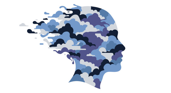 Head silhouette with clouds inside blue purple gray