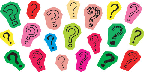 A colorful collection of question marks scattered across a white background, representing curiosity and inquiry. © Riki