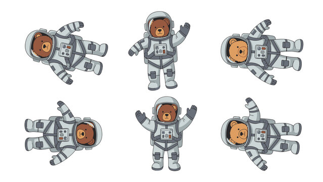 Cute cartoon bear astronauts floating and posing in space suits against a white background.