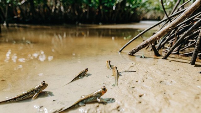 A group of Mudskipper fish (Boleophthalmus boddarti) crawling and jumping when the water level up in the mangrove forest, Parit Java, Muar, Malaysia.
