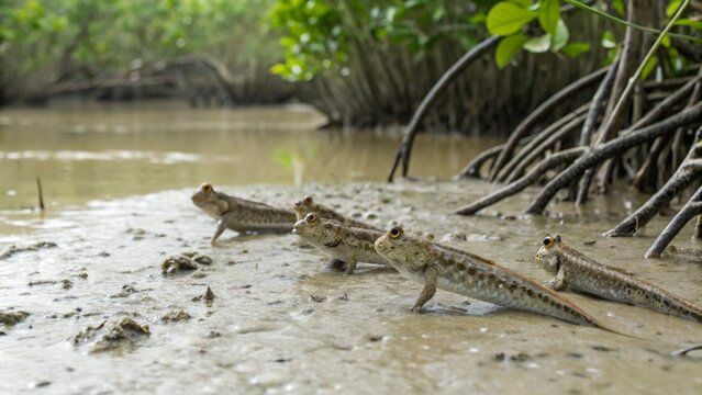 A group of Mudskipper fish (Boleophthalmus boddarti) crawling and jumping when the water level up in the mangrove forest, Parit Java, Muar, Malaysia.
