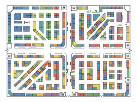 Flat map layout of a retail shopping center with colorful store units