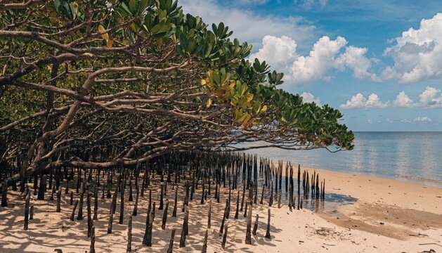 The Black Mangrove (Avicennia germinans) showing trees on the beach surrounded by many aerial roots, the phneumatophores growing out towards the sea in Pantai Bagan Pinang, Negeri Sembil, Malaysia.