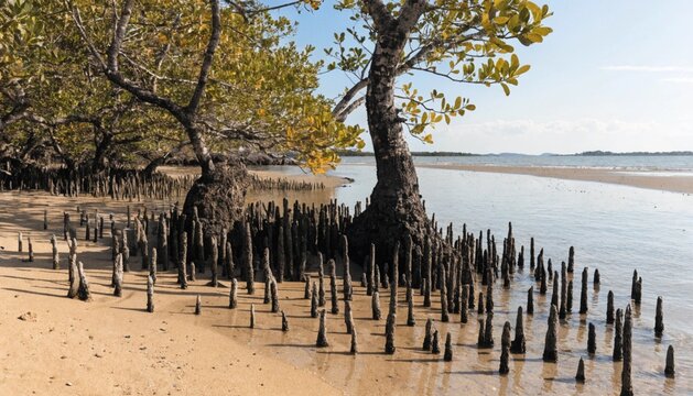 The Black Mangrove (Avicennia germinans) showing trees on the beach surrounded by many aerial roots, the phneumatophores growing out towards the sea in Pantai Bagan Pinang, Negeri Sembil, Malaysia.