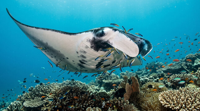 Close up of Manta Ray (Manta alfredi) swimming on a cleaning station to get rid of parasites by cleaning wrasses, Raja Ampat, Indonesia. 
