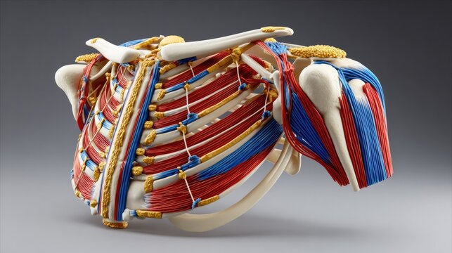 Anatomical Model of Human Shoulder and Ribcage: A detailed anatomical model showcasing the complex structure of the human shoulder joint and ribcage, highlighting muscles, bones.
