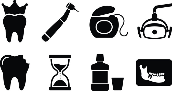 Dental care and dentistry clinic icon set with tooth crown drill floss lamp mouthwash and jaw xray
